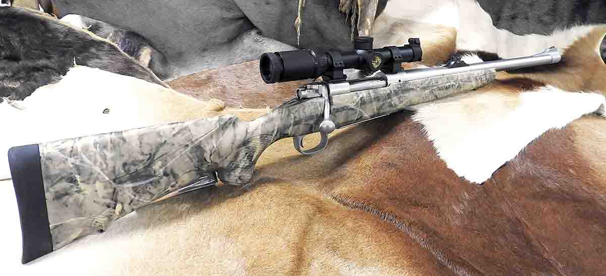 This rifle in .416 B&M built by SSK Firearms has a 20-inch Douglas barrel, open sights made by New England Custom Gun Service and a McMillan synthetic stock with a custom finish. Without the mount and Nikon Monarch 1.5-4.5x 20mm scope, the rifle weighs 6.75 pounds and consistently shoots bullets inside an inch at 50 yards.